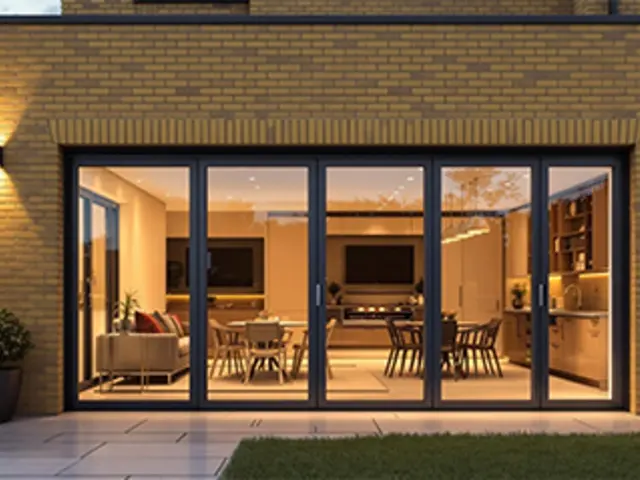 Brick rear extension with bifold doors lit at dusk